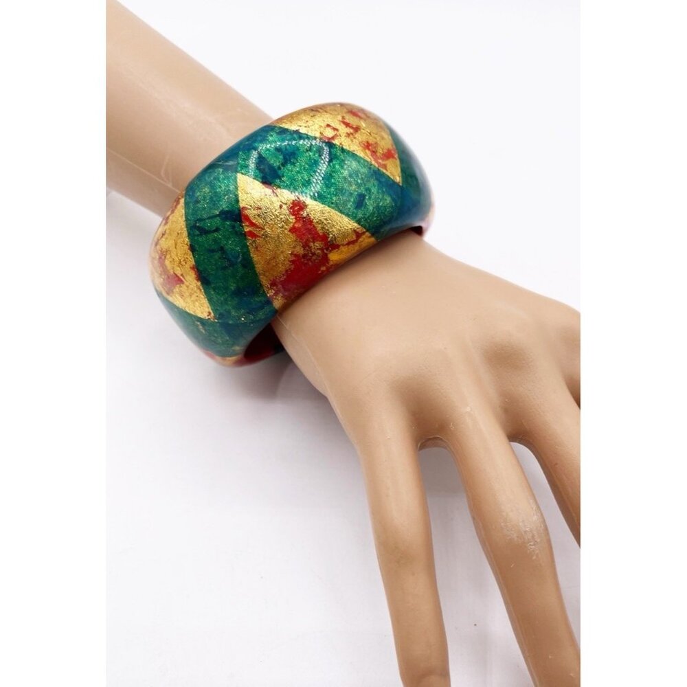 Vintage Hand Painted Wooden Bangle Bracelet Red Green Gold Leaf Boho Folk Art